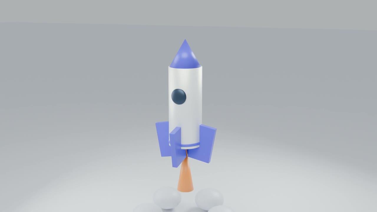 Eizenoで制作した3Dアニメーションの一場面。図形を組み合わせたロケットが雲の上を進みます。